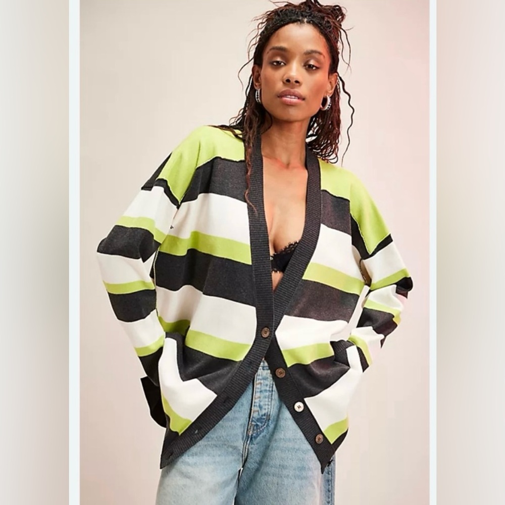 Free People League Of Her Own Cardigan Striped Green and Black Sweater Size XS